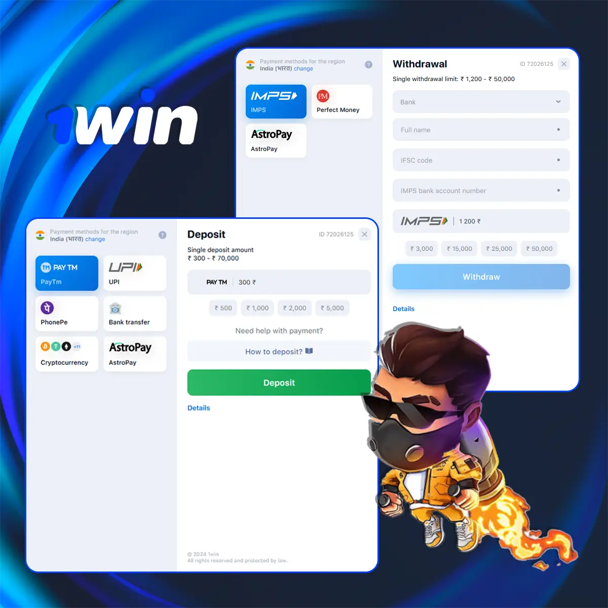 1Win Lucky Jet payment methods in India