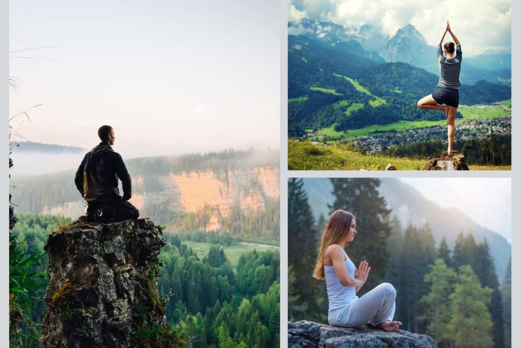 Four images showcasing individuals practicing yoga amidst stunning mountain scenery.