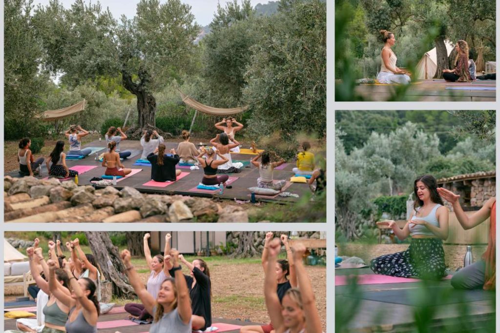 A collage featuring individuals practicing yoga outdoors, showcasing various poses in natural settings.